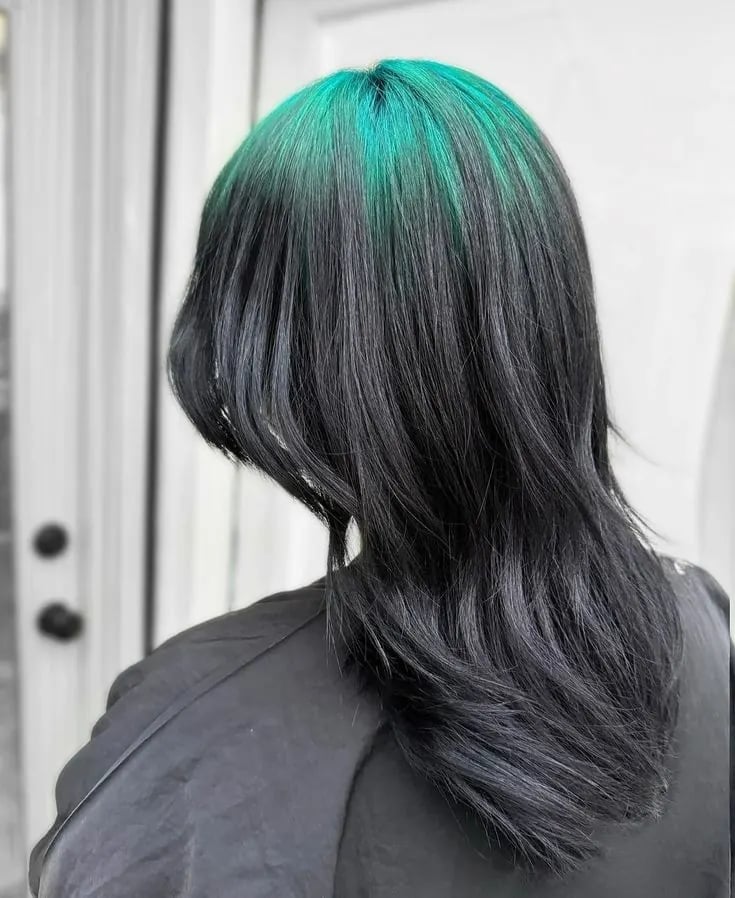 Mid-Back Shag With Teal Root Highlights — Teal Highlights