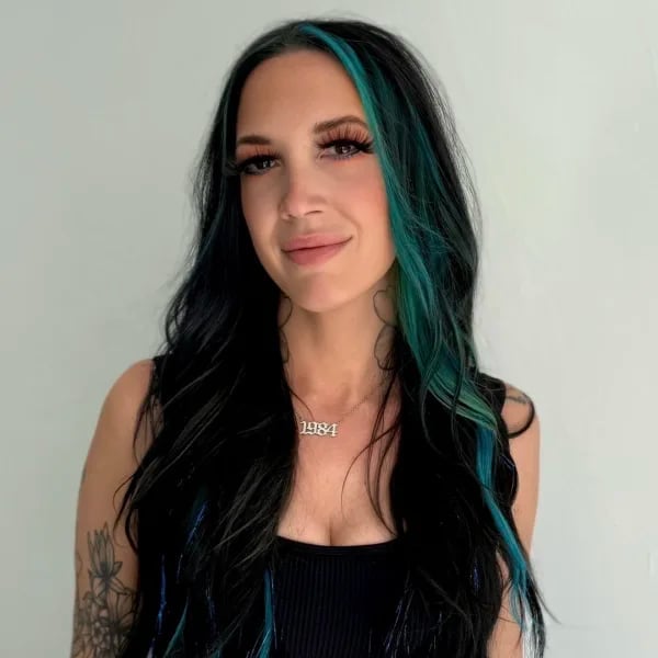 Long Wavy Black With Teal Face-Framing Streaks — Teal Highlights