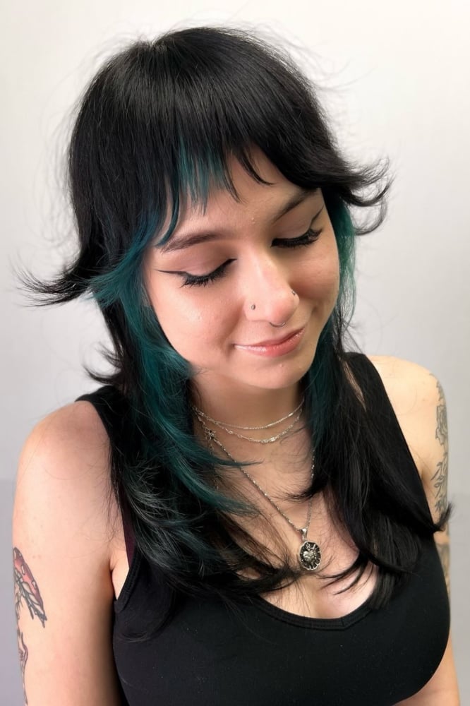 Shoulder Length Shag With Teal Face-Framing — Teal Highlights