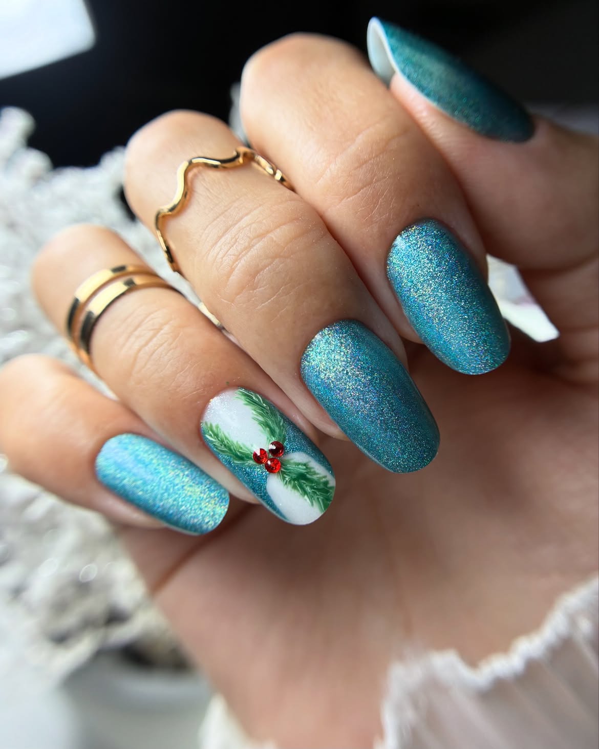 Teal Holographic Holly Berry Christmas Nails