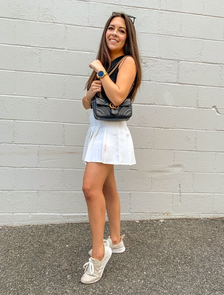 White Pleated Tennis Skirt with Black Top and Gold Glitter Sneakers White Pleated Tennis Skirt with Black Top and Gold Glitter Sneakers — Tennis Skirt Outfits