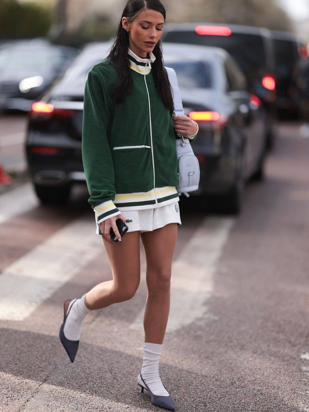 Green Velour Jacket Paired with a White Tennis Skirt for a Fashion Green Velour Jacket Paired with a White Tennis Skirt for a Fashion — Tennis Skirt Outfits