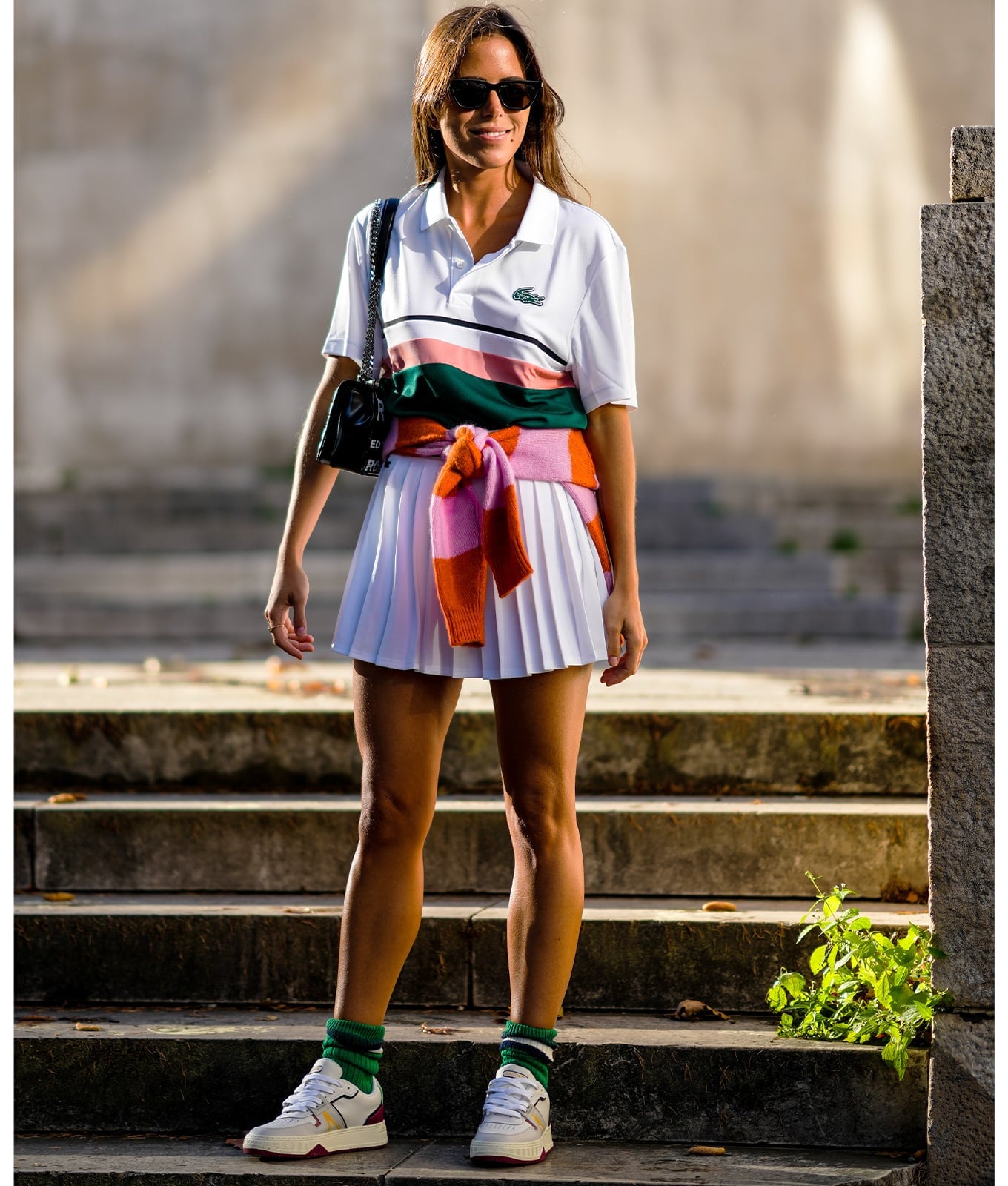 Sporty Casual Look with a White Tennis Skirt and Striped Sweater Tie Sporty Casual Look with a White Tennis Skirt and Striped Sweater Tie — Tennis Skirt Outfits