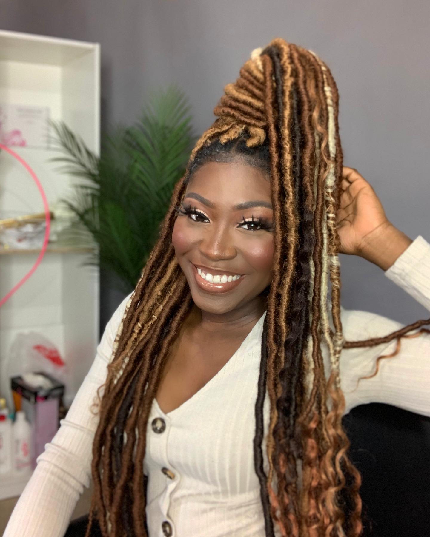 Textured Faux Locs With Caramel Highlights