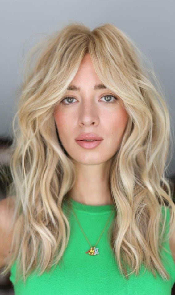 Mid-Back Ash Blonde With Curtain Bangs — Textured Haircuts