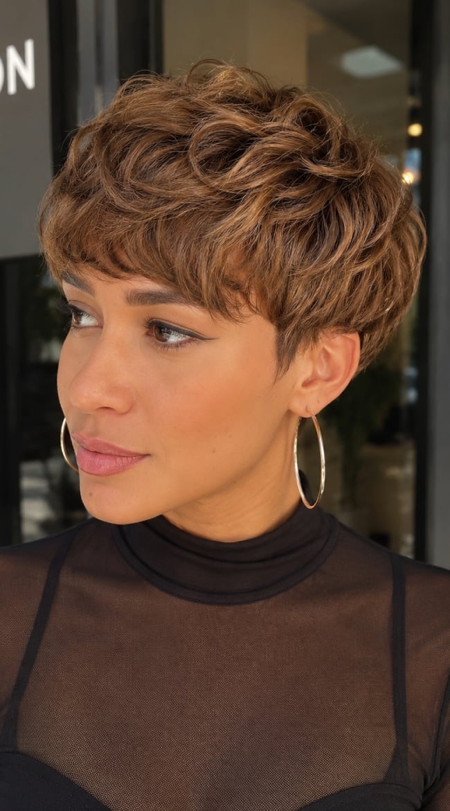 Warm Brown Pixie With Honey Highlights — Textured Pixie