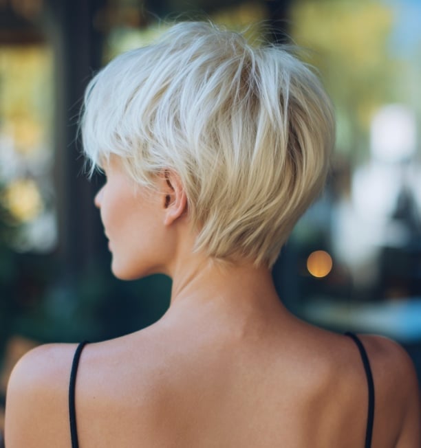 Platinum Blonde Layered Pixie Blowout — Textured Pixie