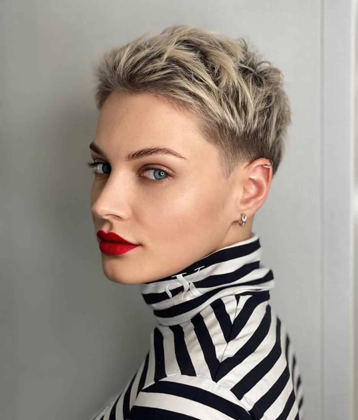 Spiky Platinum Blonde Pixie With Choppy Bangs — Textured Pixie