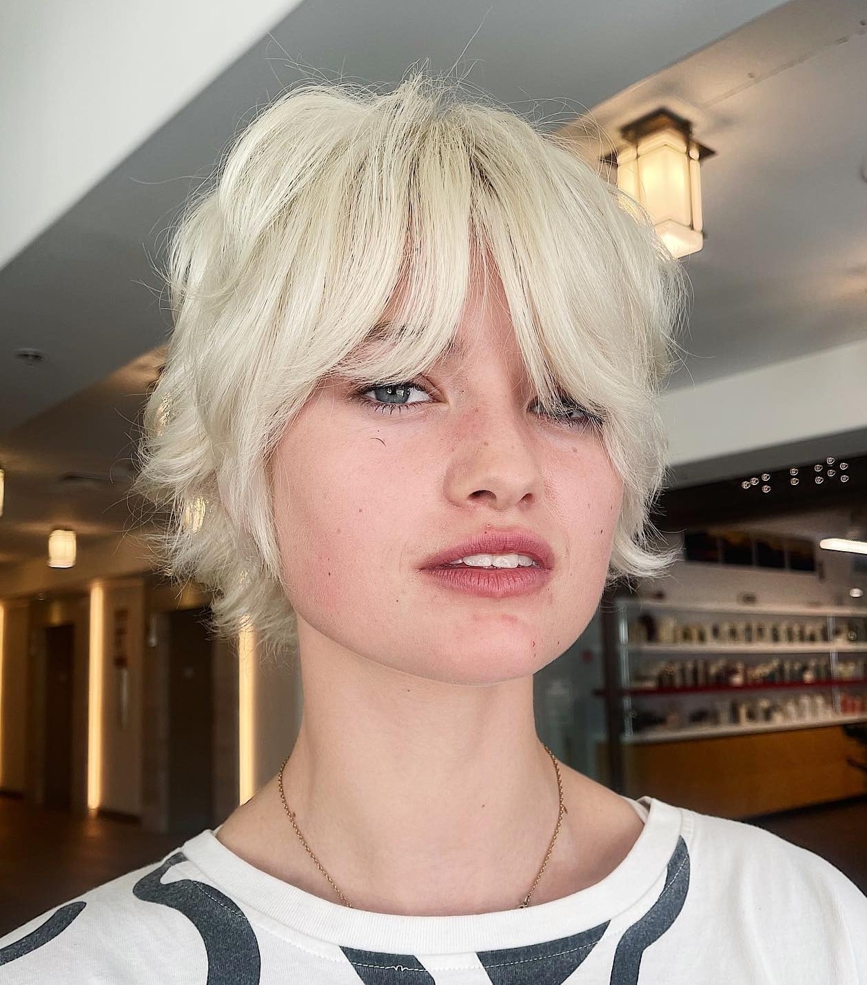 Ash Blonde Pixie With Soft Curtain Bangs — Textured Pixie