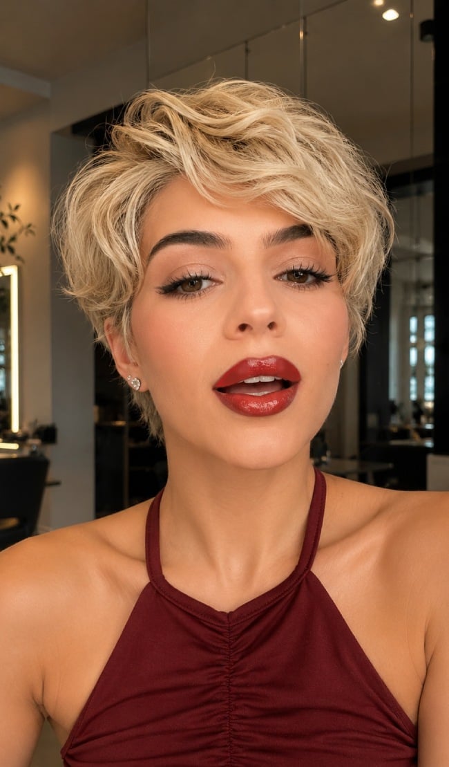 Champagne Blonde Pixie With Short Textured Bangs — Textured Pixie