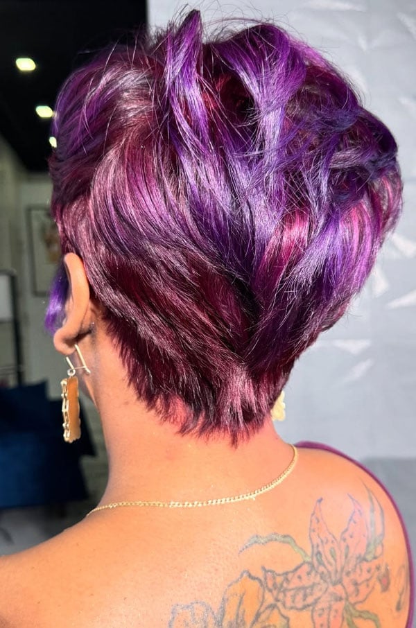 Vibrant Purple Pixie With Shattered Layers — Textured Pixie