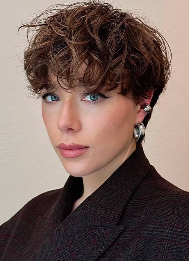 Curly Dark Brown Pixie With Full Fringe — Textured Pixie