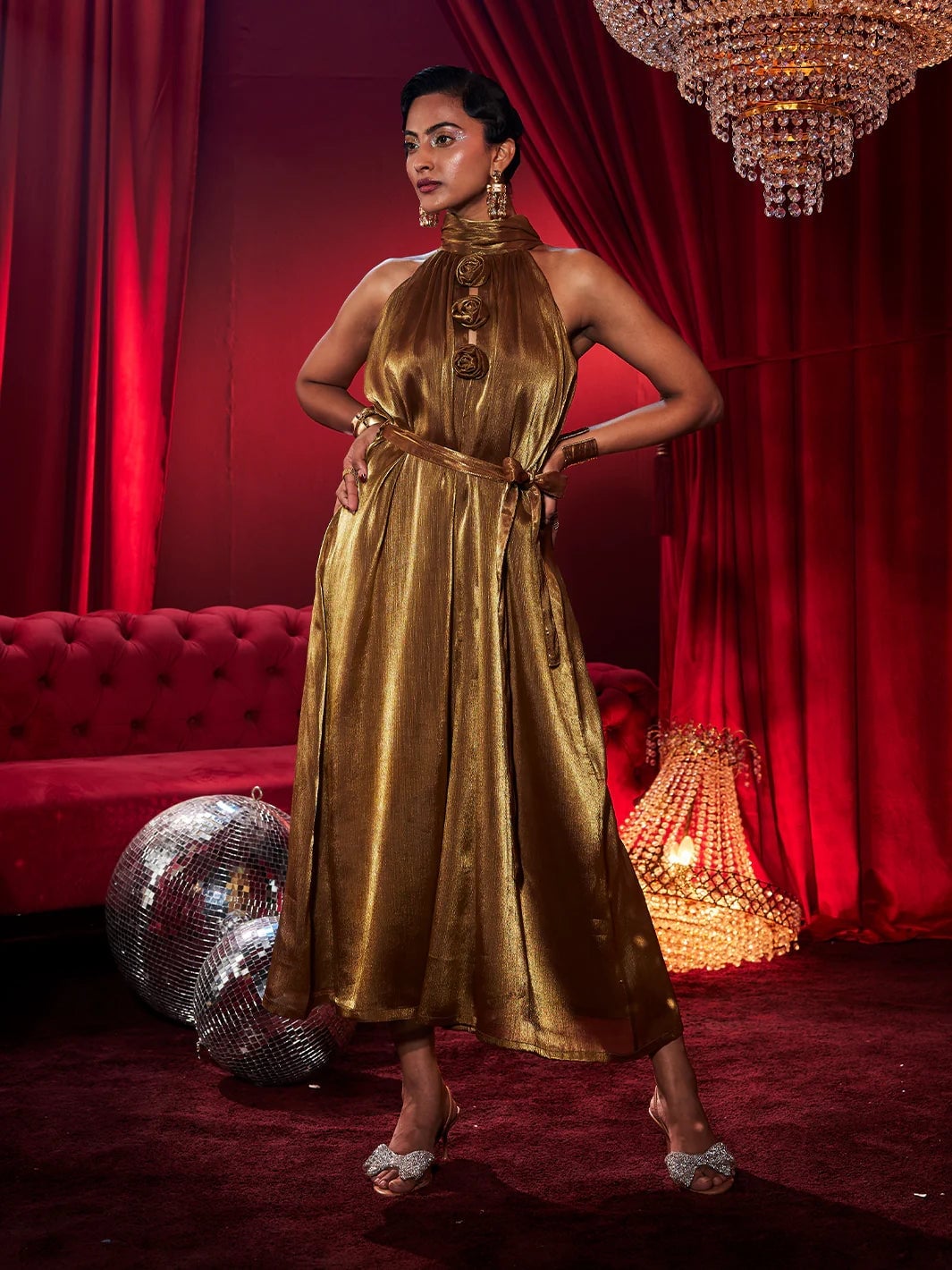 Metallic Halter Midi Dress Metallic Halter Midi Dress — Theater Outfits