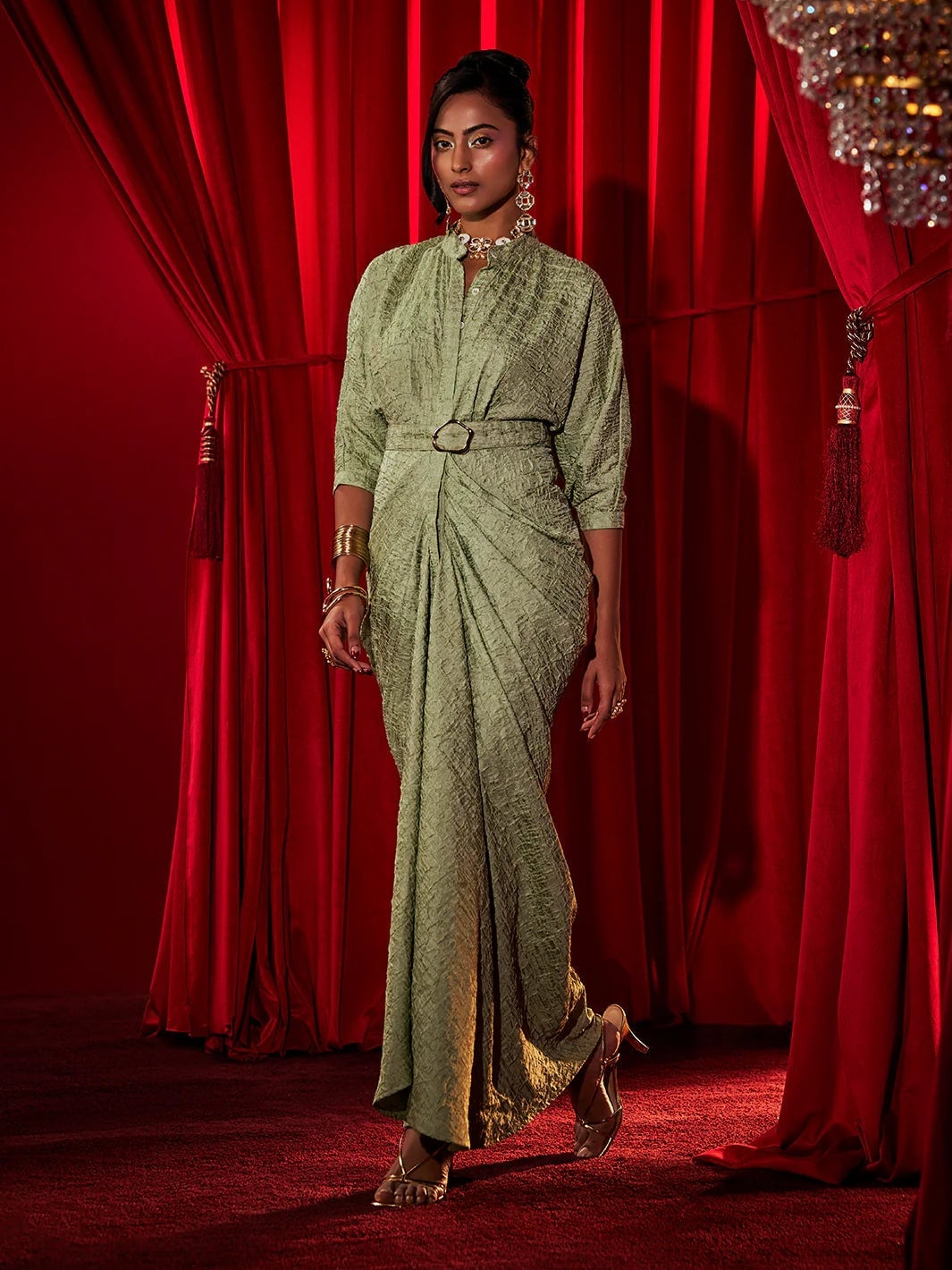 Textured Green Midi Dress with Gold Accents Textured Green Midi Dress with Gold Accents — Theater Outfits