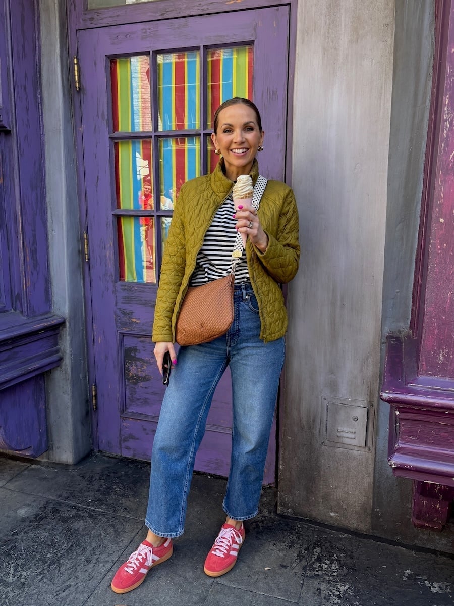 Quilted Jacket and Striped Tee Casual Outfit Quilted Jacket and Striped Tee Casual Outfit — Theme Park Outfits