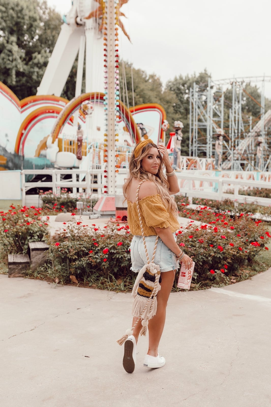 Yellow Off-the-Shoulder Top and Denim Shorts Yellow Off-the-Shoulder Top and Denim Shorts — Theme Park Outfits