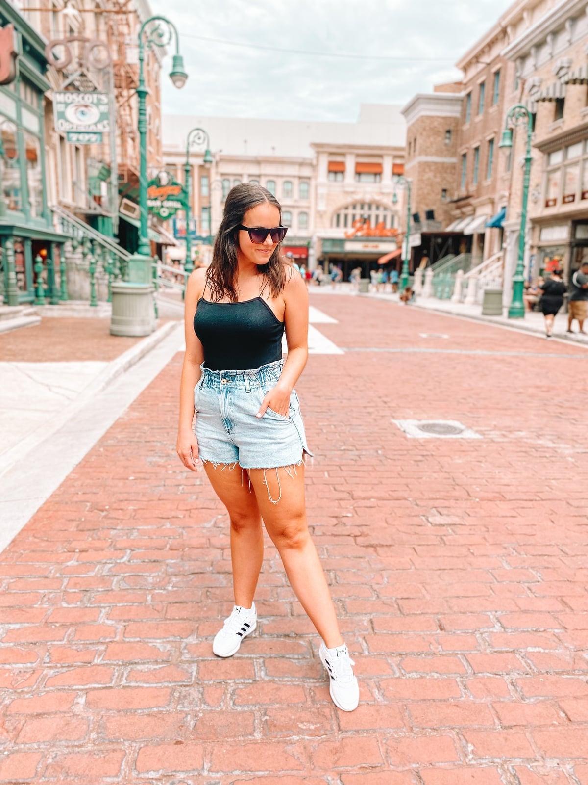 Black Camisole and Paperbag Waist Denim Shorts Black Camisole and Paperbag Waist Denim Shorts — Theme Park Outfits