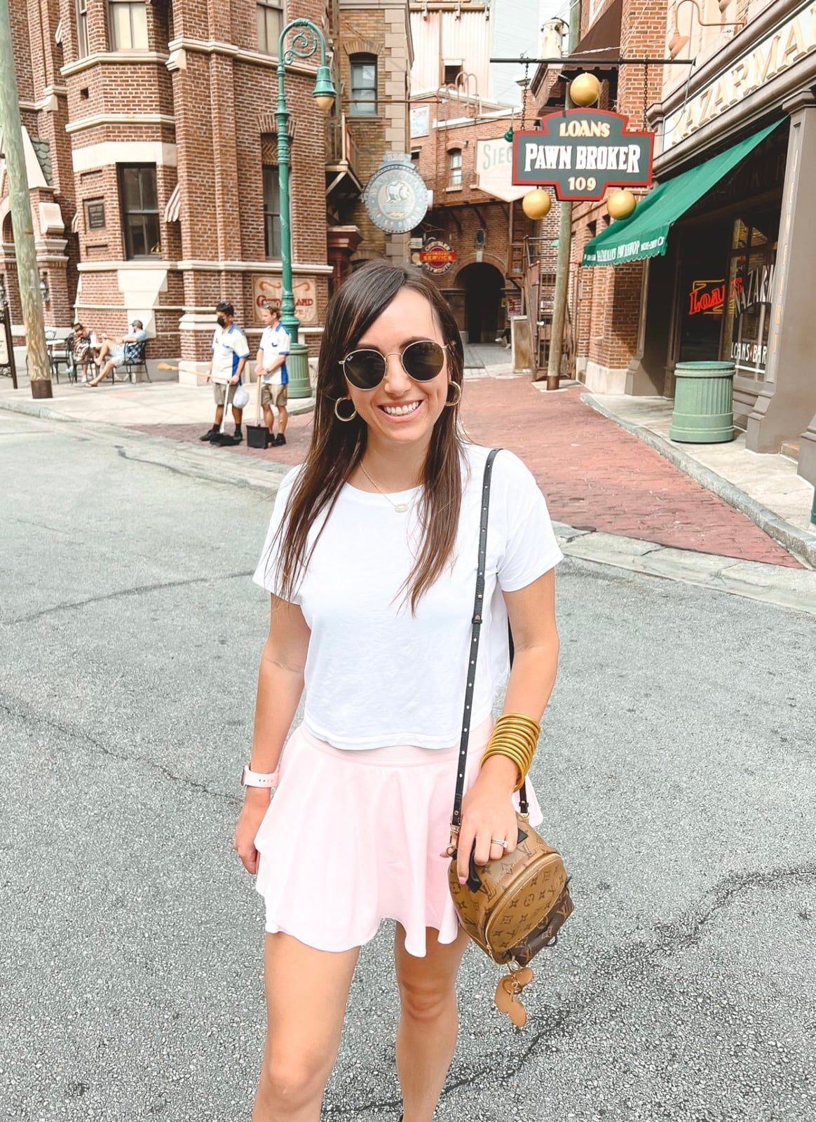 White Tee and Pale Pink Skater Skirt White Tee and Pale Pink Skater Skirt — Theme Park Outfits