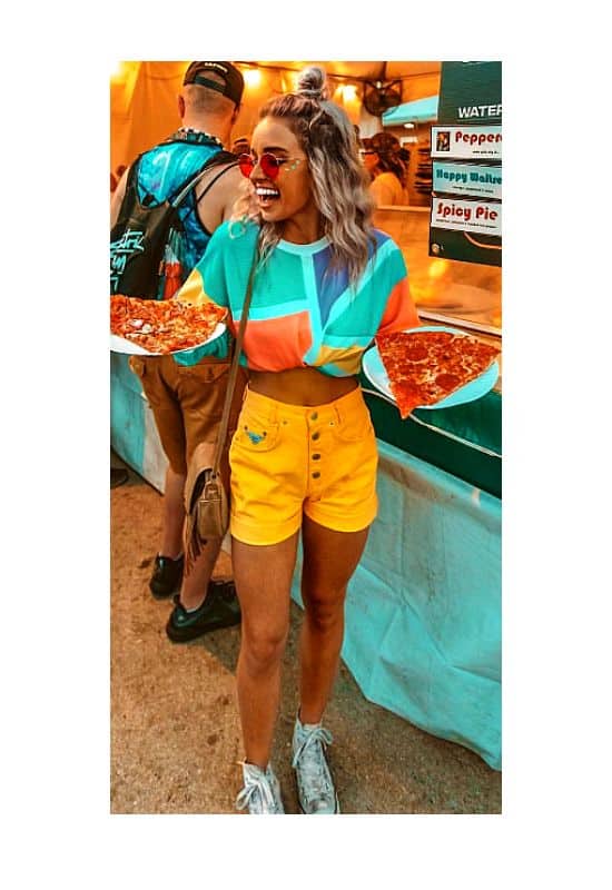 Bright Graphic Top and Yellow Denim Shorts Bright Graphic Top and Yellow Denim Shorts — Theme Park Outfits