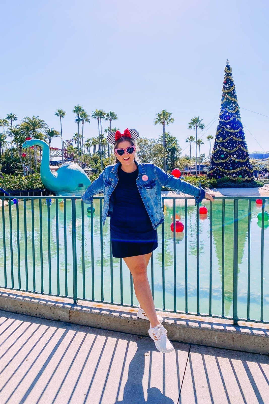 Denim Jacket Over Navy Dress with Checkered Ears Denim Jacket Over Navy Dress with Checkered Ears — Theme Park Outfits