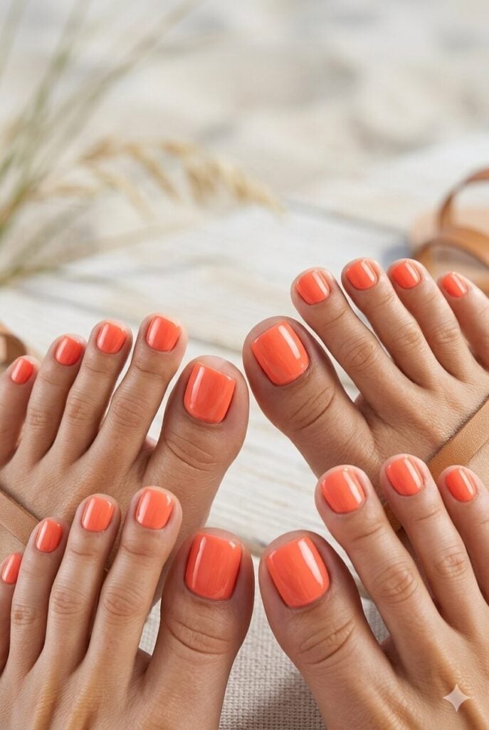 Vibrant Coral Orange Glossy Toes Vibrant Coral Orange Glossy Toes — Toe Nails Colors