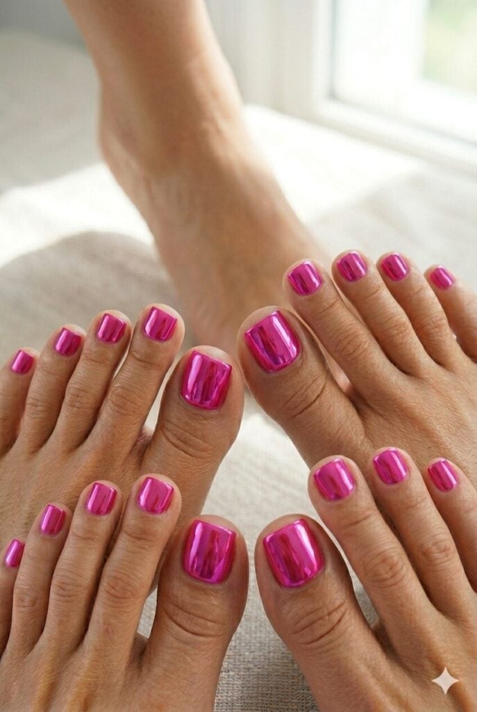 Vibrant Metallic Fuchsia Toes With Short Square Vibrant Metallic Fuchsia Toes With Short Square — Toe Nails Colors