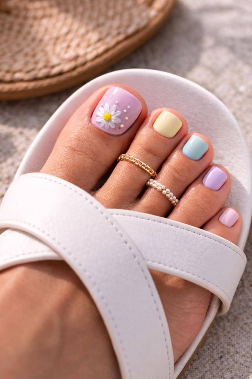 Pastel Mix With Floral Accent Toes Pastel Mix With Floral Accent Toes — Toe Nails Colors