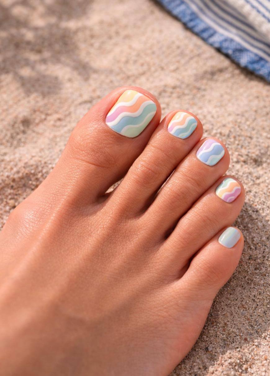 Pastel Rainbow Wavy Stripe Toes Pastel Rainbow Wavy Stripe Toes — Toe Nails Colors