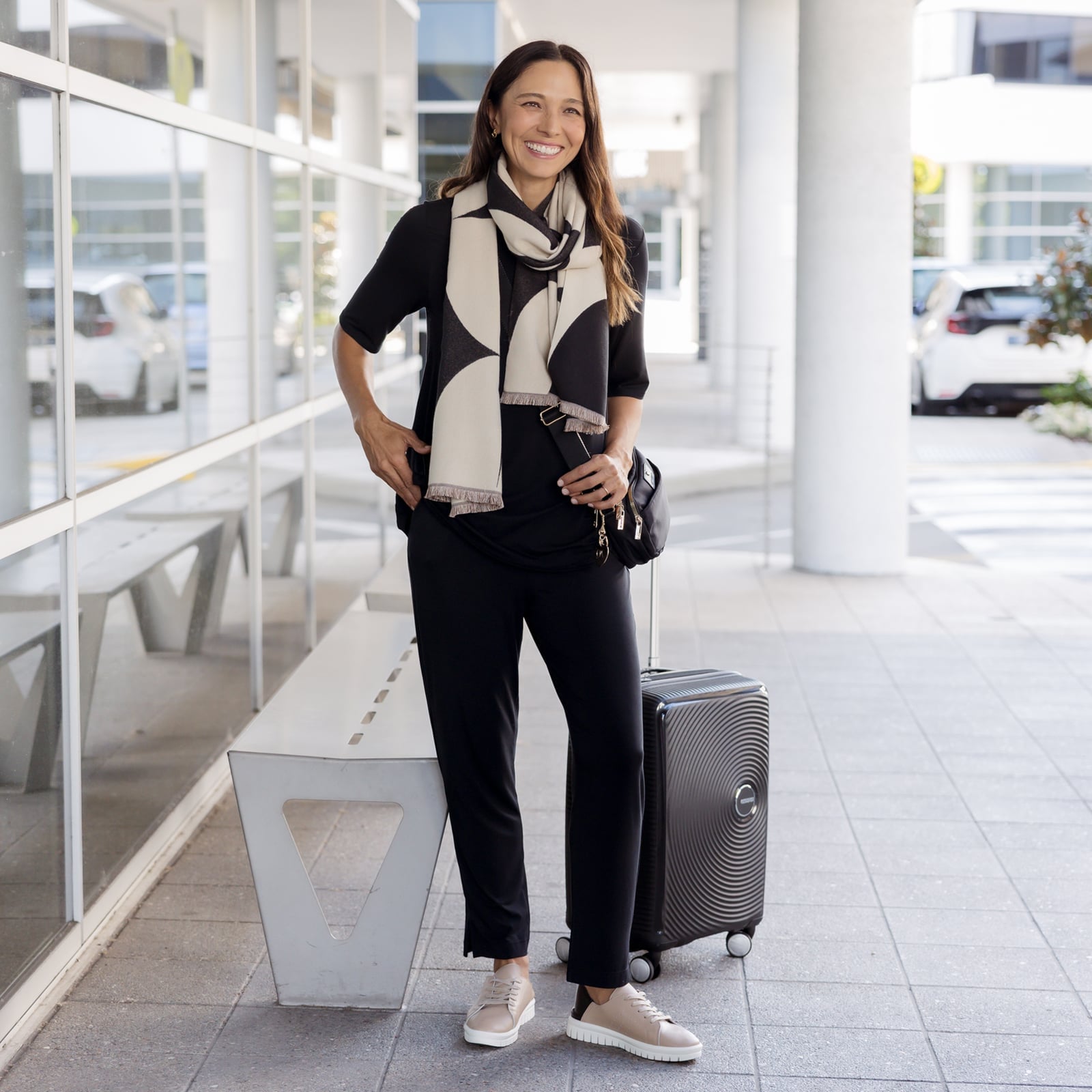 Geometric Scarf Adds Interest to Black Basics Geometric Scarf Adds Interest to Black Basics — Travel Outfits