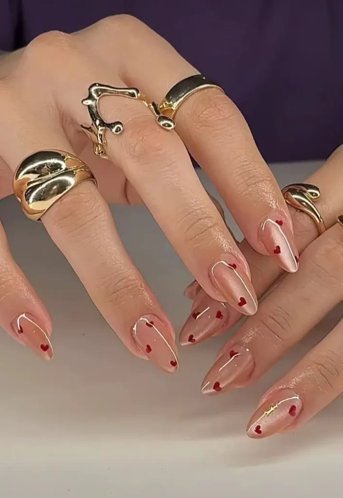 Long Stiletto Nude Heart Accent Nails — Trending Nails