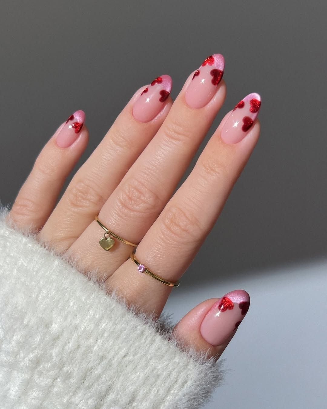 Medium Almond Pink Glitter Heart Nails — Trending Nails