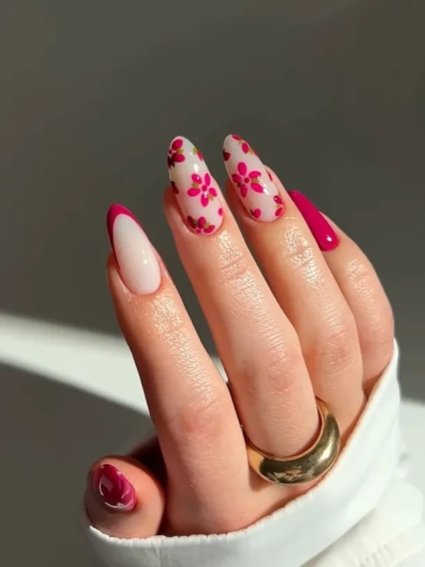 Long Almond Floral Design French Nails — Trending Nails