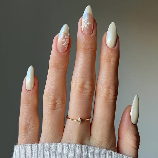 Long Almond Milky Off-White 3D Floral Nails — Trending Nails
