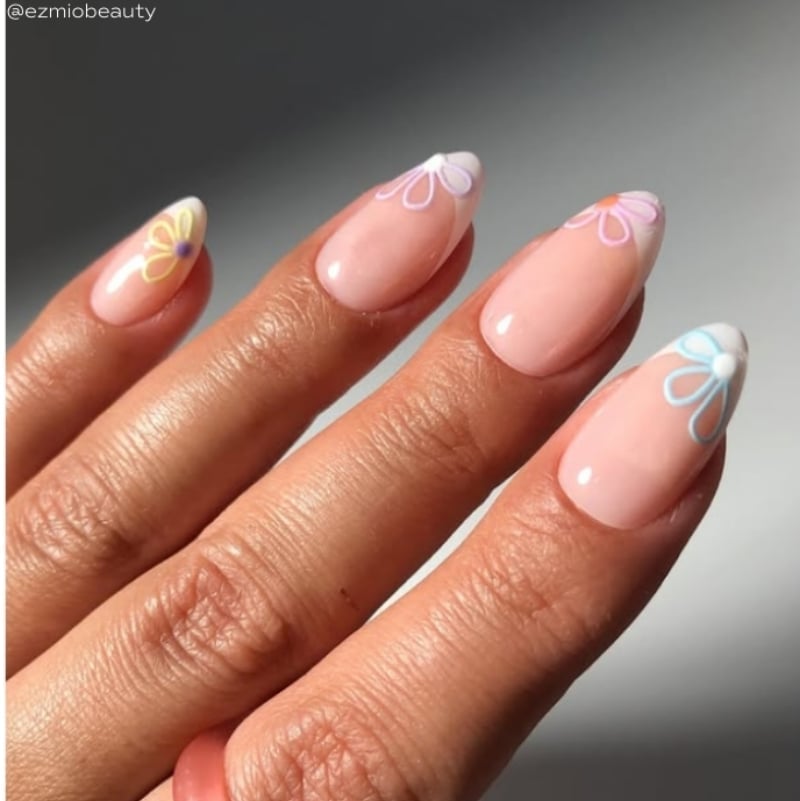 Short Almond Pastel Flower French Tip Nails — Trending Nails