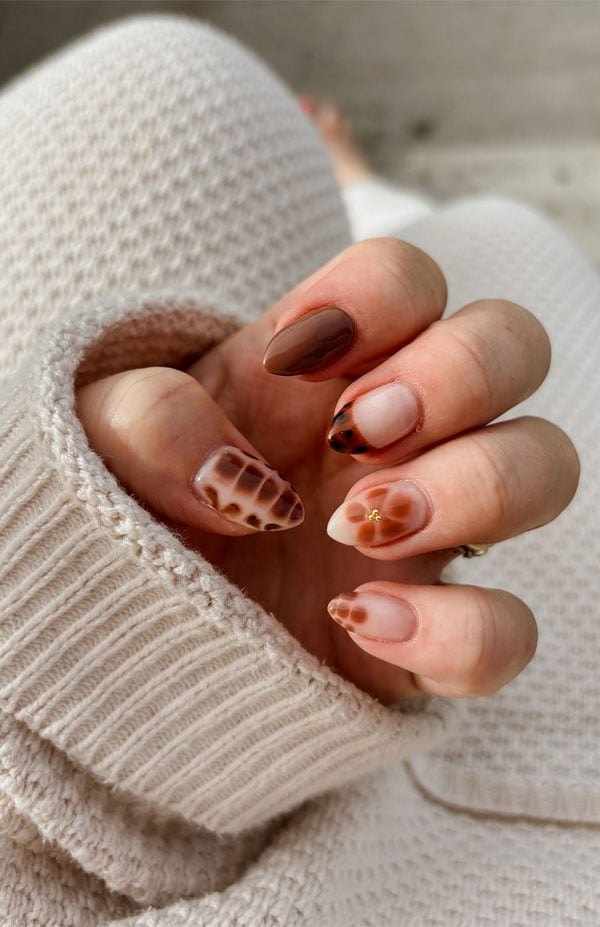 Medium Almond Tortoiseshell and Floral Nails — Trending Nails