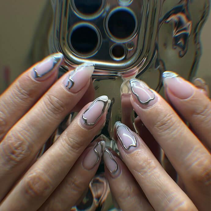 Short Almond Silver Outline French Nails With Sheer Pink Base — Trending Nails