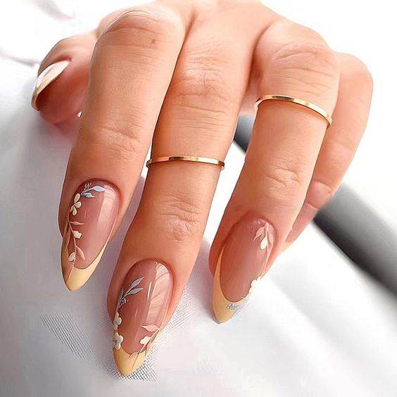 Long Almond Nude Yellow Floral Motif Nails — Trending Nails