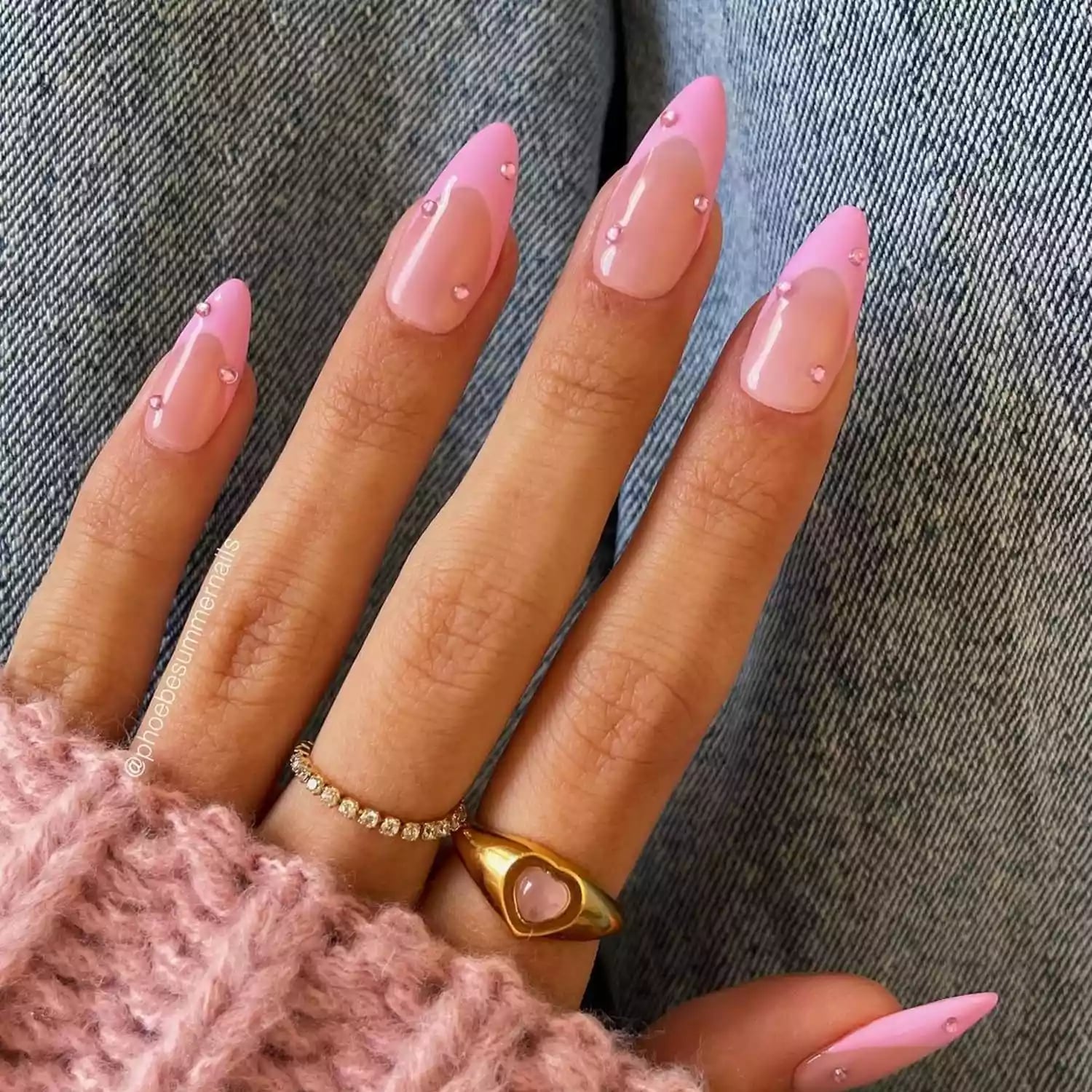 Long Almond Pink French Rhinestone Accent Nails — Trending Nails