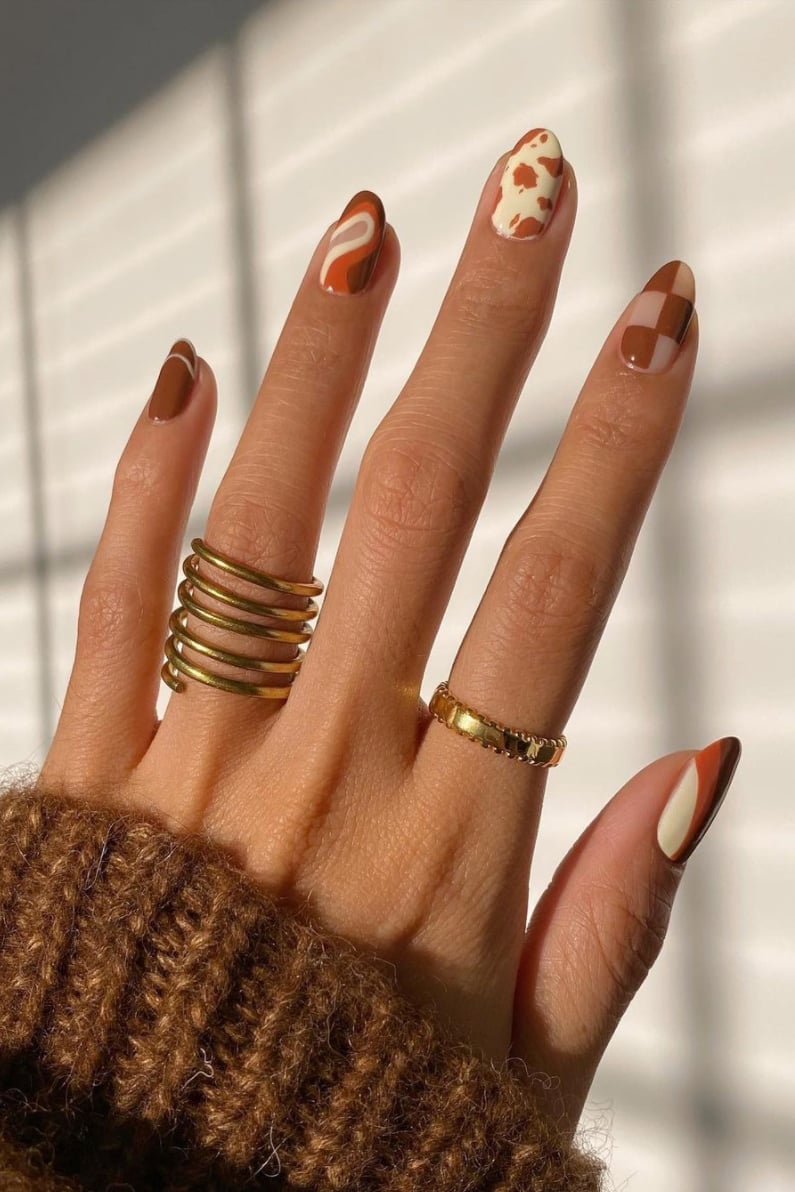 Medium Almond Retro Pattern Nails With Abstract Swirls — Trending Nails