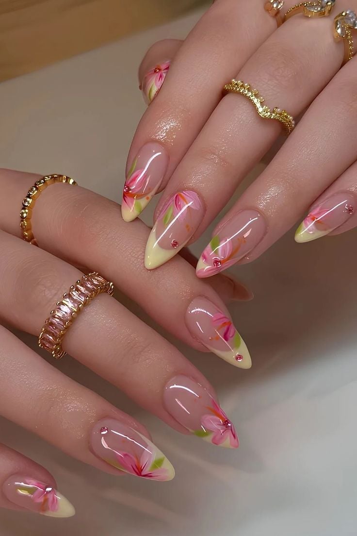 Long Stiletto Pink Yellow Floral Rhinestone Nails — Trending Nails