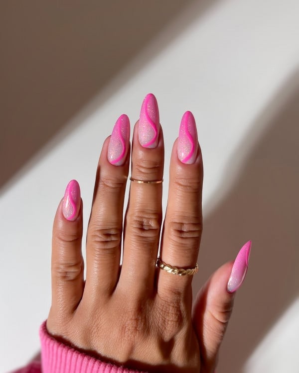 Long Almond Pink Gradient Wavy Glitter Nails — Trending Nails