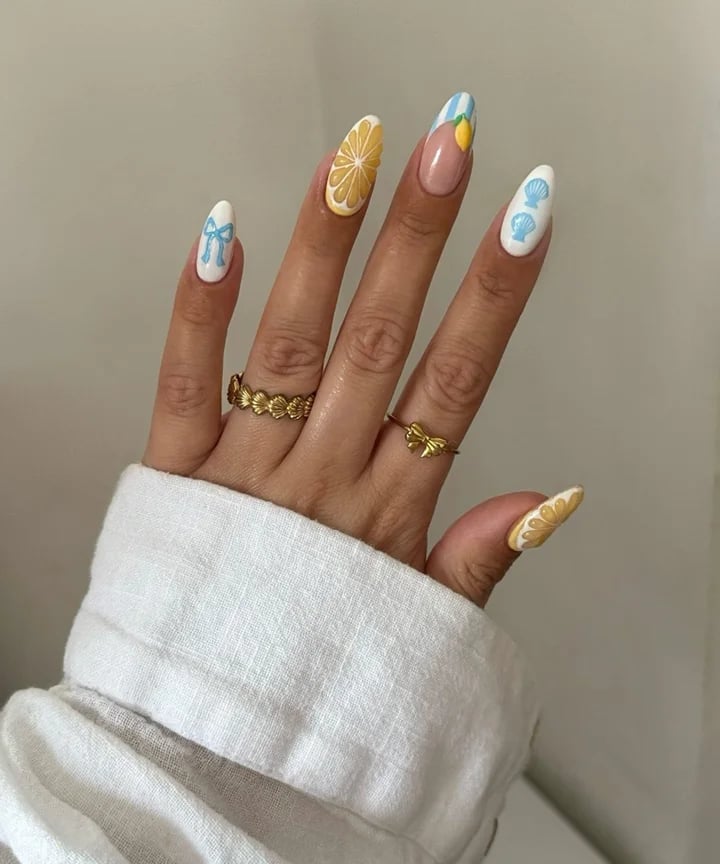 Long Almond Summer Fruit and Bow Nails — Trending Nails