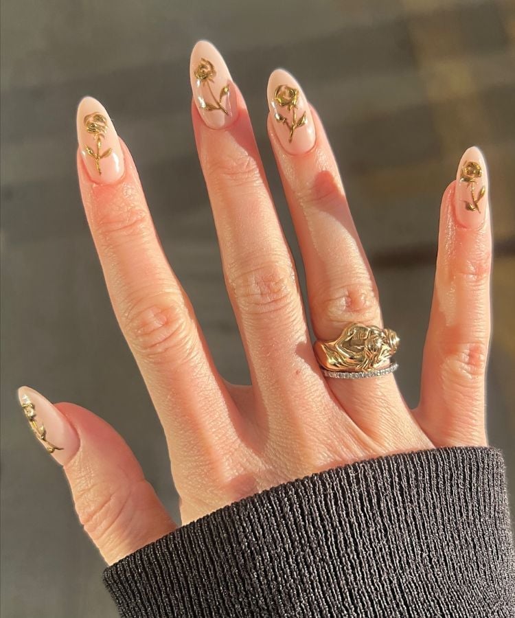 Long Almond Nude Base 3D Gold Rose Nails — Trending Nails