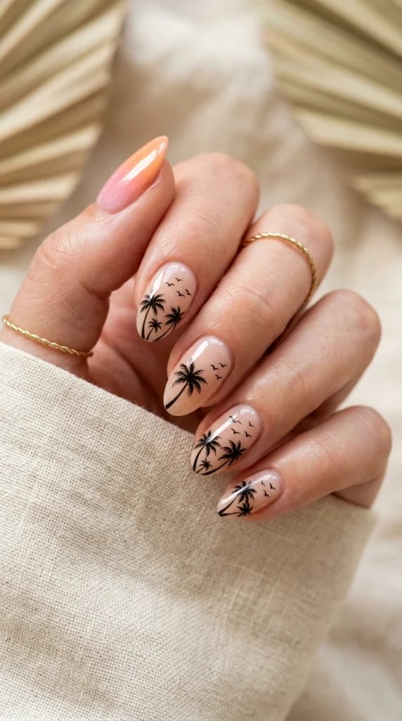 Medium Almond Nude Palm Tree Gradient Nails — Trending Nails