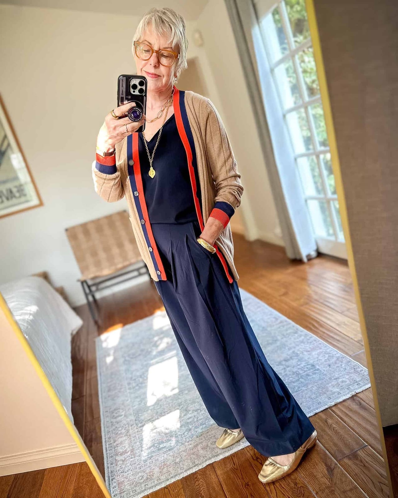Beige Cardigan Navy Trousers and Gold Flats — Trendy Outfits