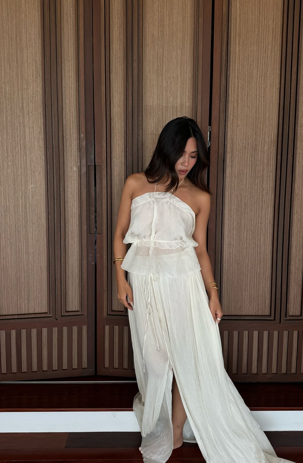 Gauzy Halter Top Flowy Maxi Skirt and Gold Jewelry — Trendy Outfits
