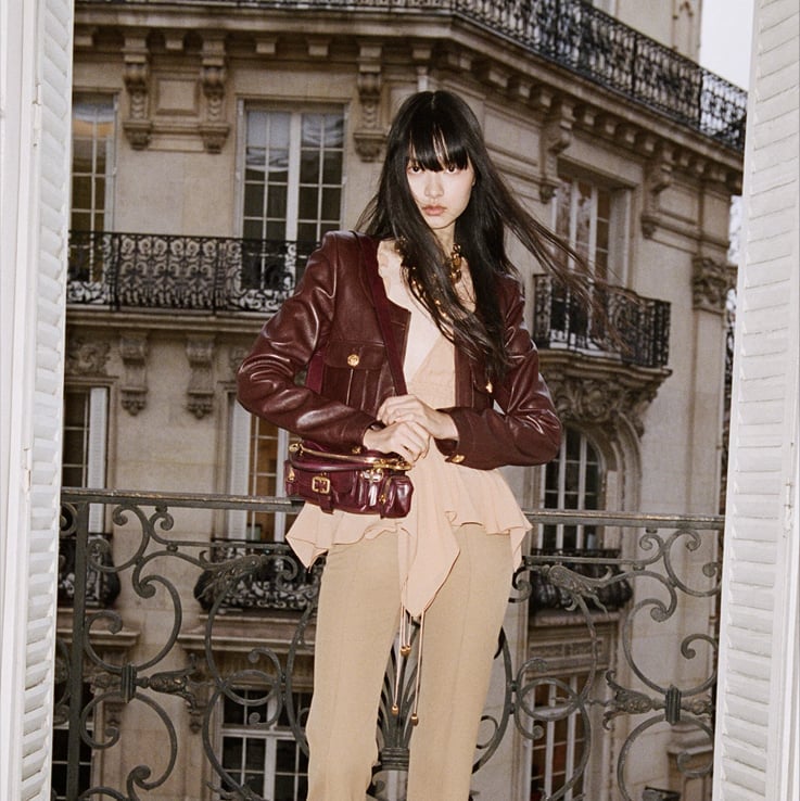 Burgundy Leather Jacket Peach Top and Beige Trousers — Trendy Outfits