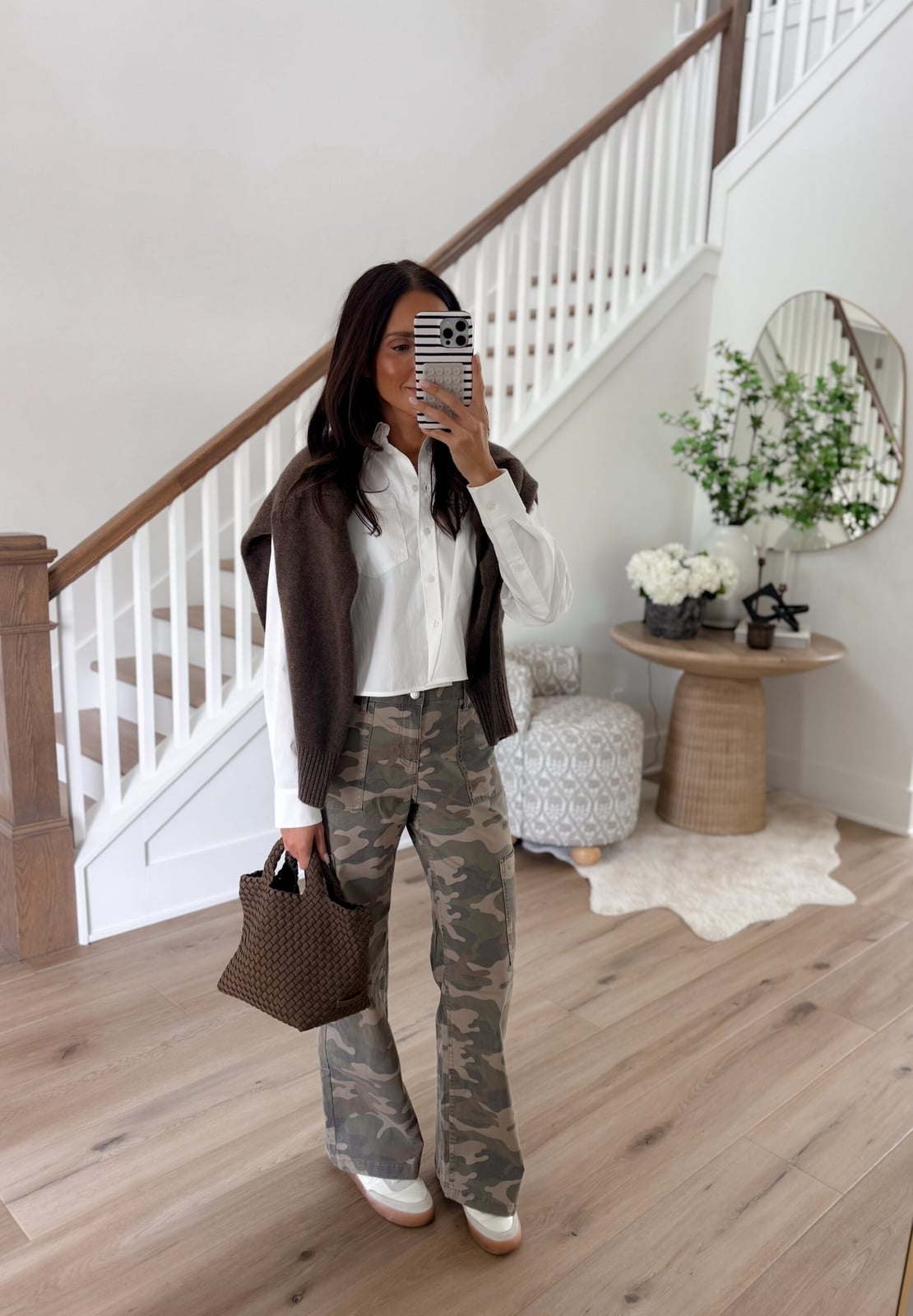 Camouflage Trousers White Shirt and Knit Sweater — Trendy Outfits