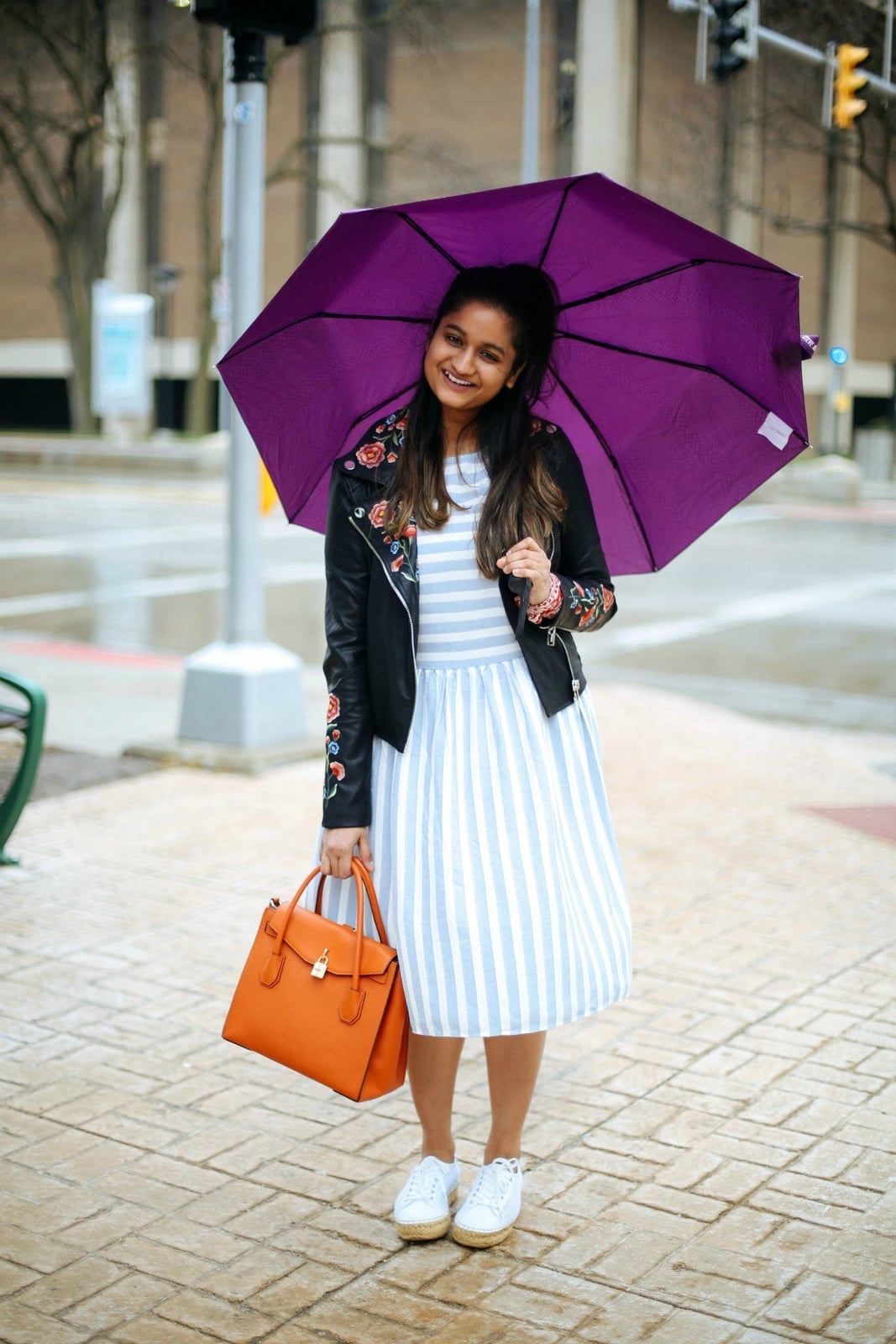 Embroidered Moto Jacket Striped Dress and White Sneakers — Trendy Outfits