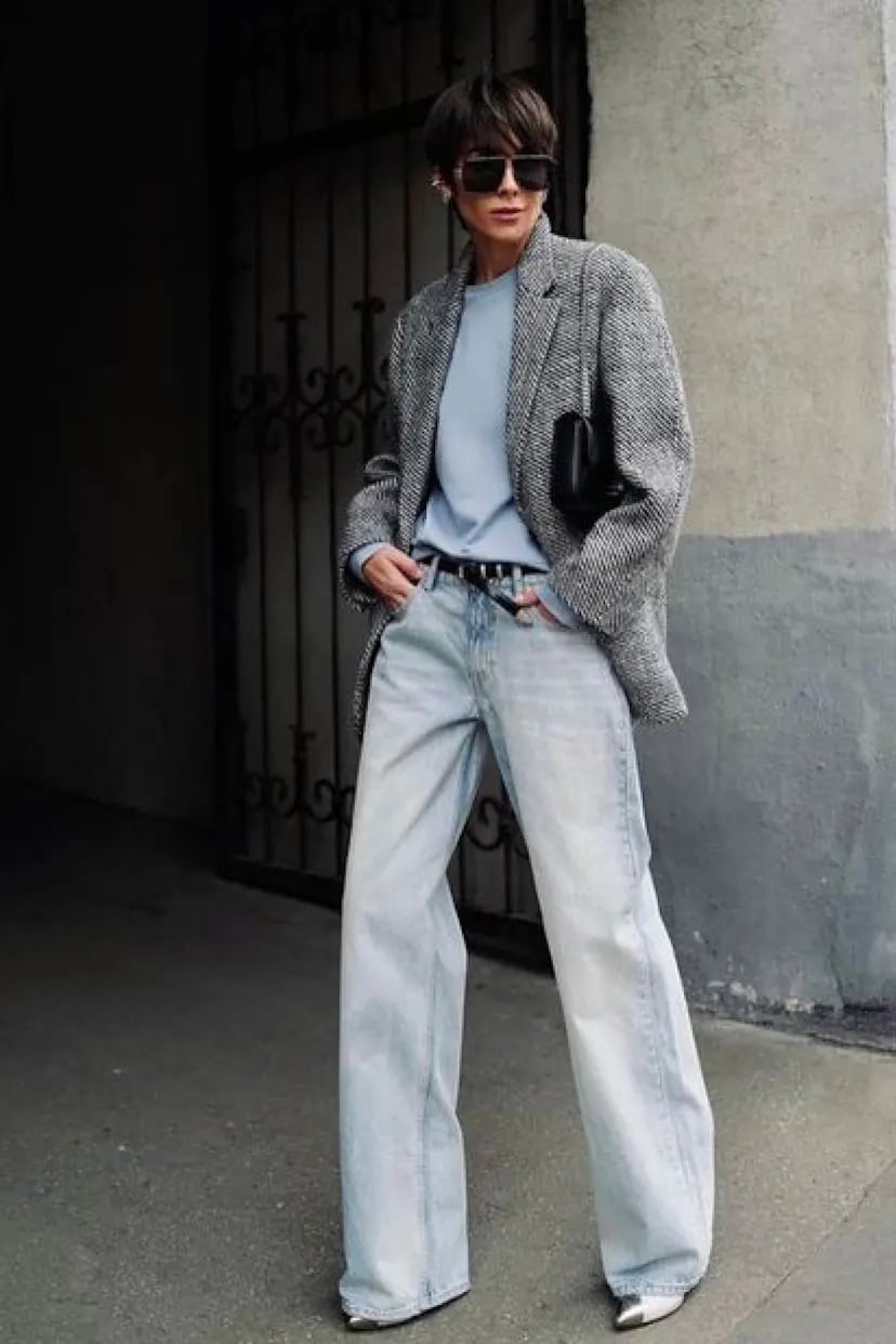 Gray Tweed Blazer Wide Leg Jeans and Silver Flats — Trendy Outfits